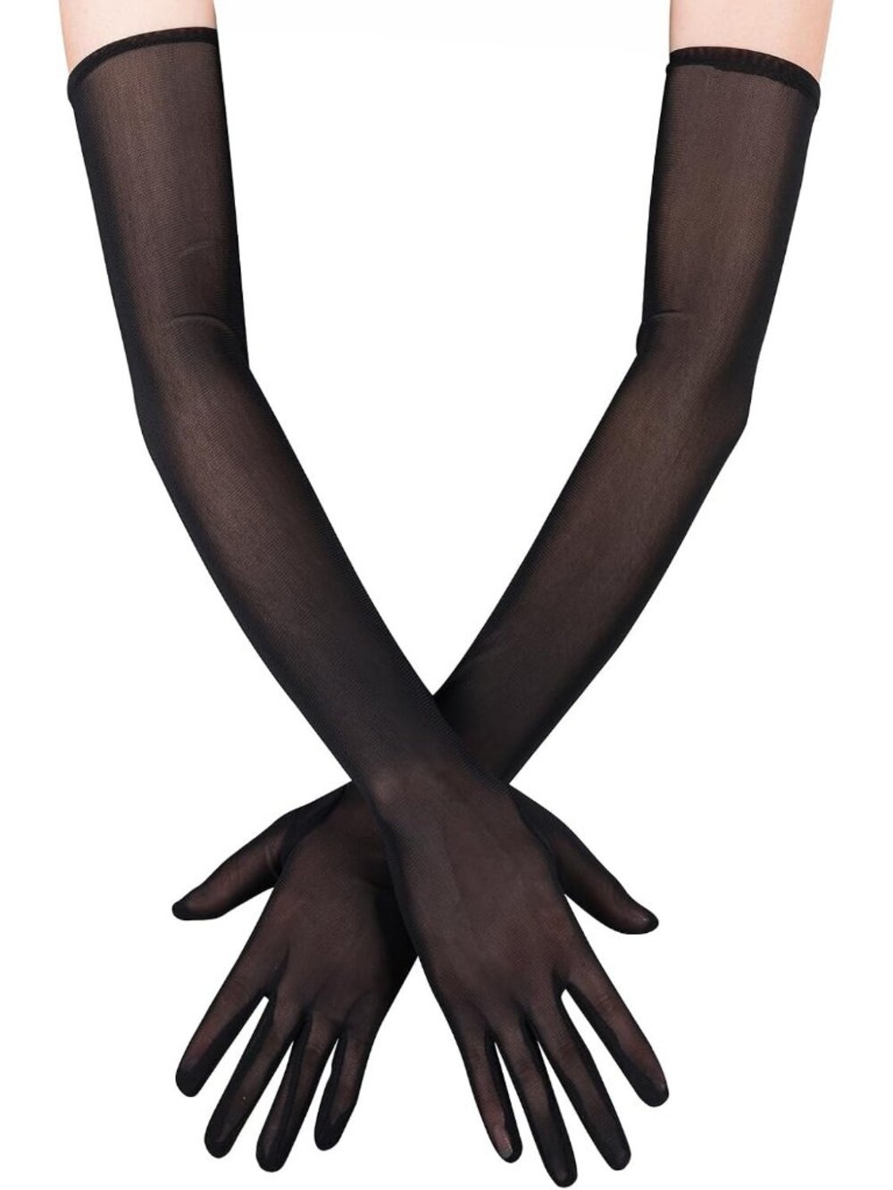 Women's Black Tulle Opera Length Sheer Mesh Long Transparent Party Gloves